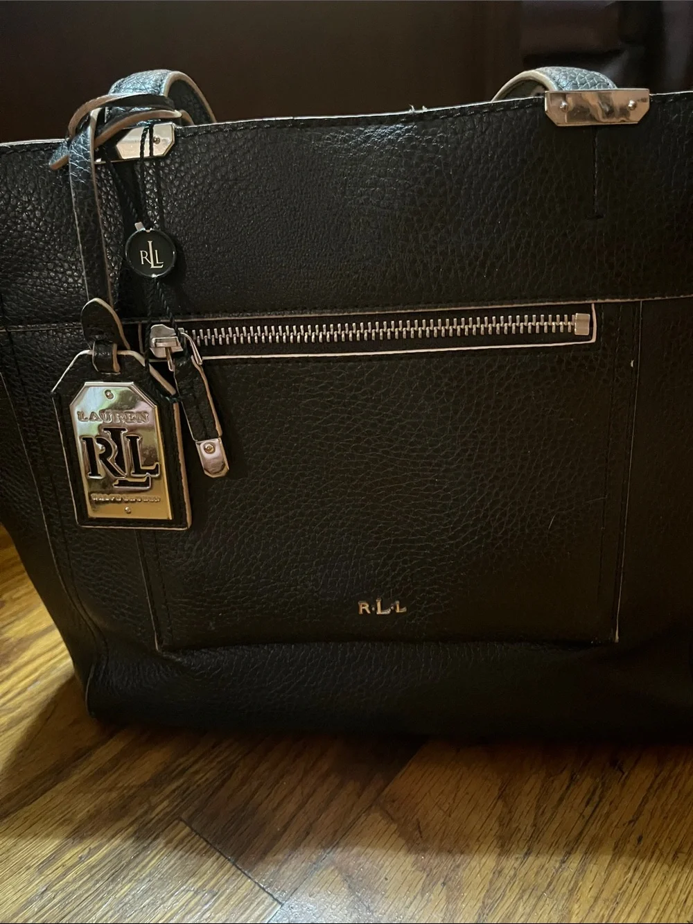 Lauren Ralph Lauren Black Tote Bag with Front Zip Pocket